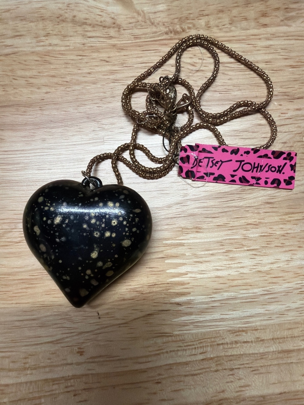 Betsey Johnson black stone Heart Pendant Necklace with Gold Chain